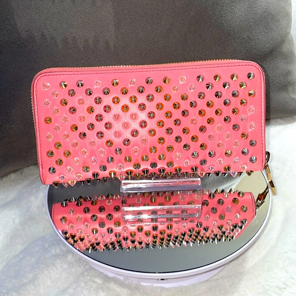 Christian Louboutin Pink Panettone Calfskin Leather Zip Around Wallet w/Studs